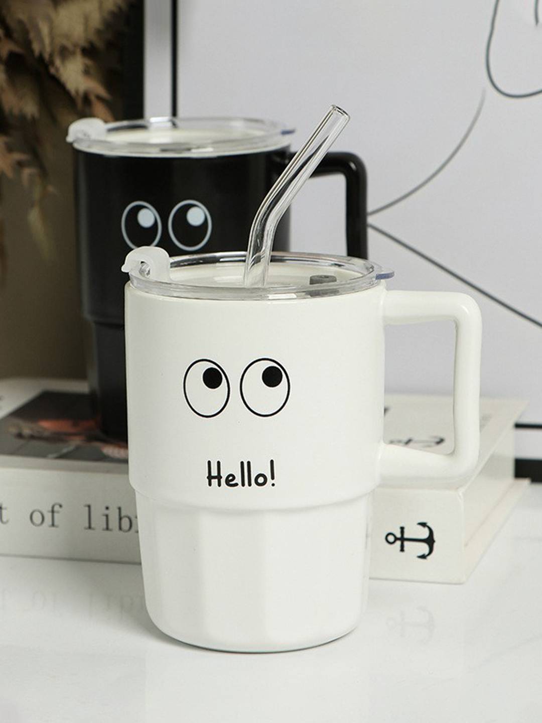 Hello! Black & White Expression Ceramic Mug Set – Cute & Quirky Pair with Lid & Straw