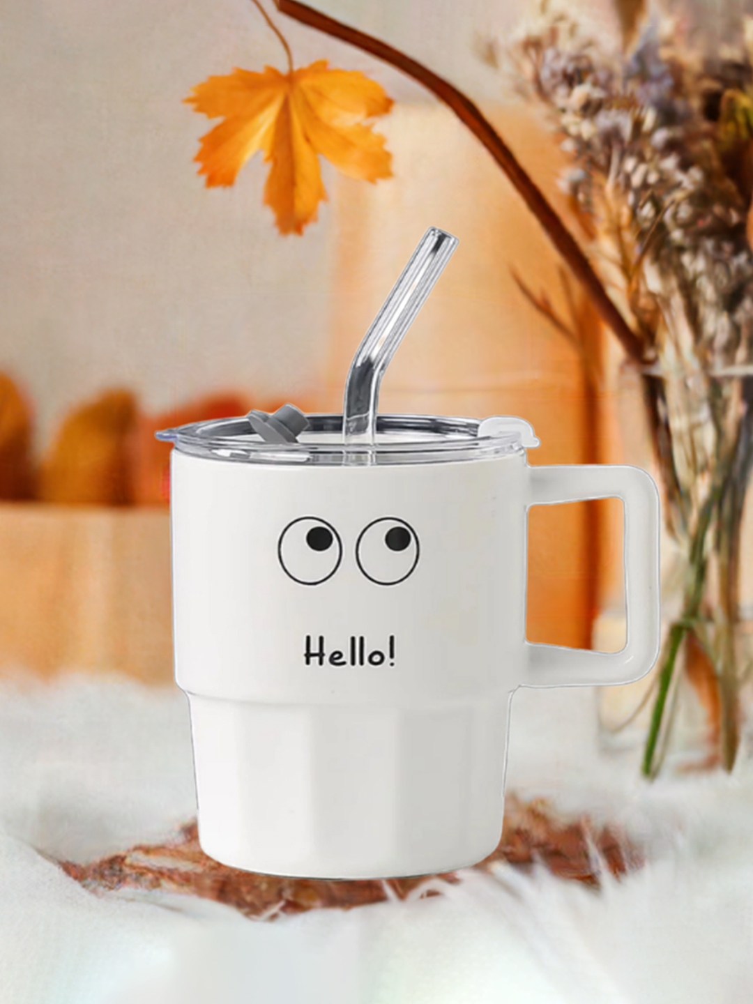 Hello! White Expression Ceramic Mug – Cute & Quirky Sipper with Lid & Straw