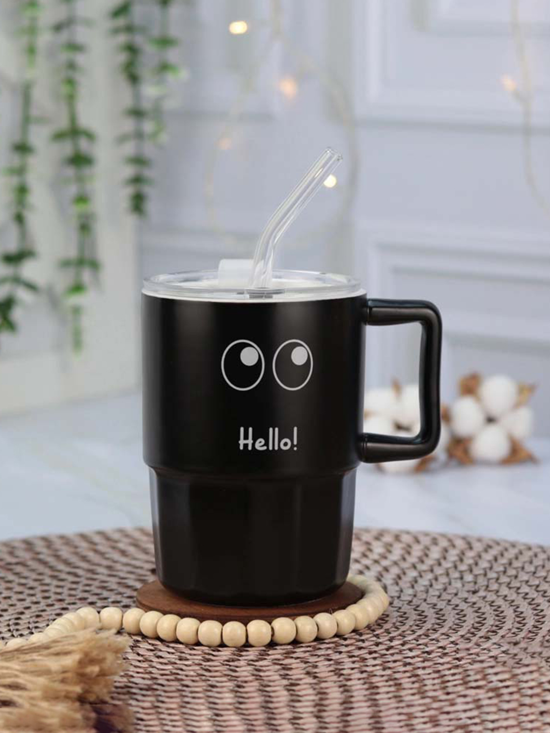 Hello! Black Expression Ceramic Mug – Fun & Stylish Sipper with Lid & Straw