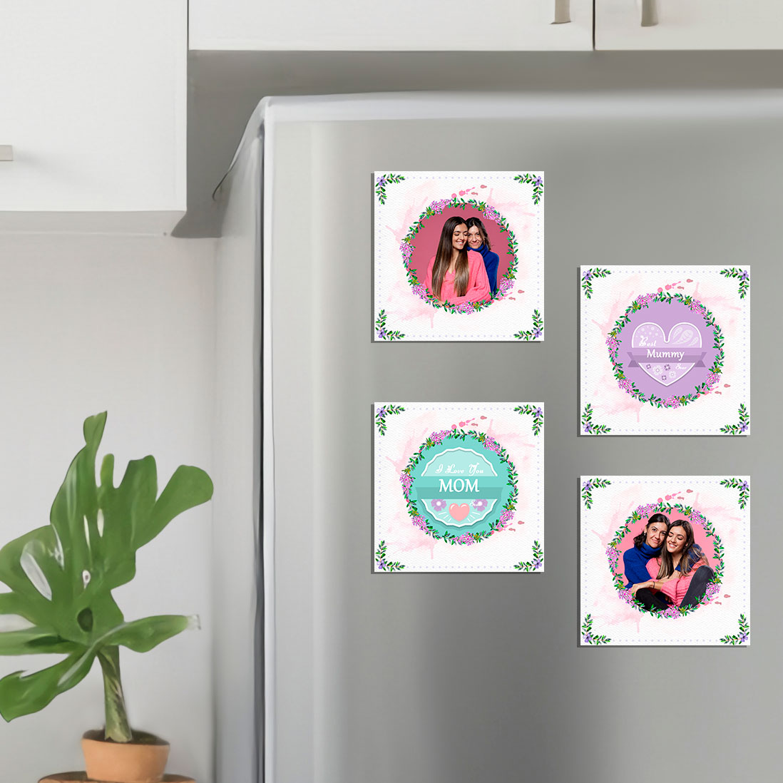 Personalized Mom Fridge Magnet Set with Floral Love